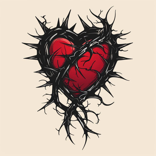 Morbid sketch of a heart with thorns, simple black and red clipart style