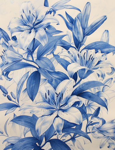 Blue drawing of lilies, in the style of detailed linework, detailed miniatures 43:56