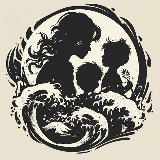 Flat tattoo sketch for three children with sea theme