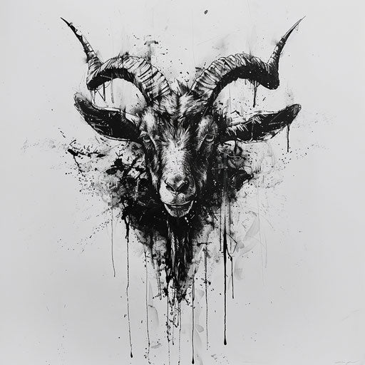 Goat head with many horns in black and white