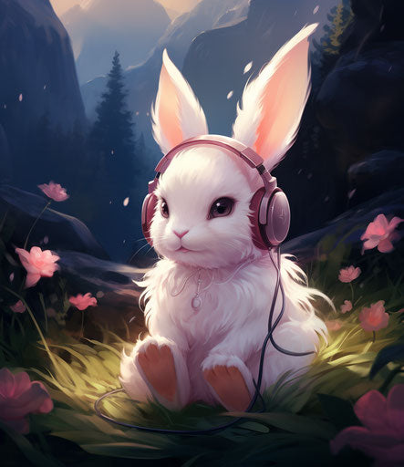 Rabbit listening to cute and dreamy music