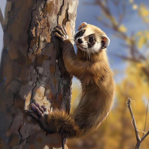 Young black-footed ferret climbing a small tree