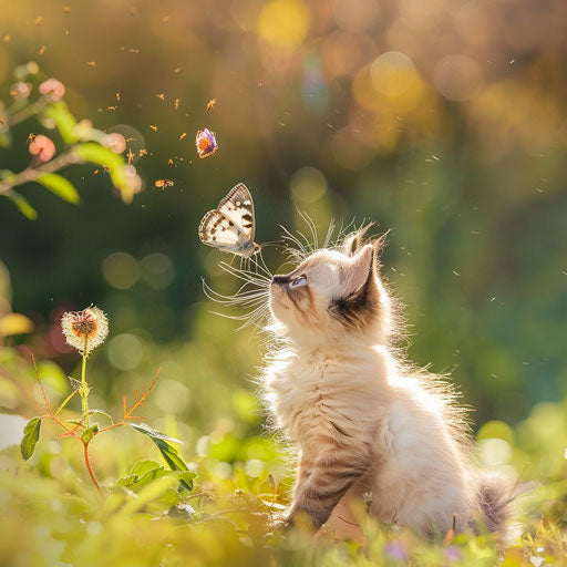 Himalayan kitten playing with a butterfly in a sunny garden