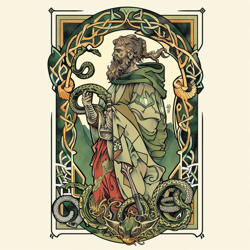 Tattoo illustration of Saint Patrick banishing snakes from Ireland