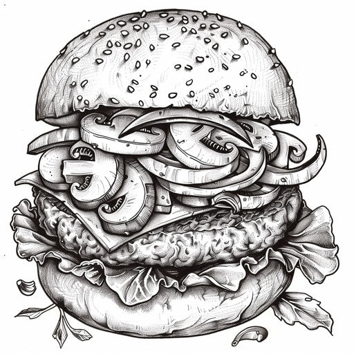 Burger with grilled mushrooms and onions