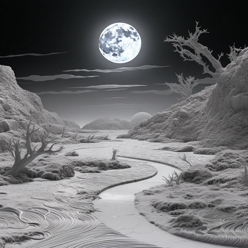 Black and white moon drawing with botanical details