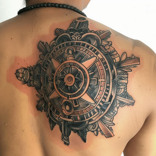 Elegant Mayan pottery design tattoo, intricate black details