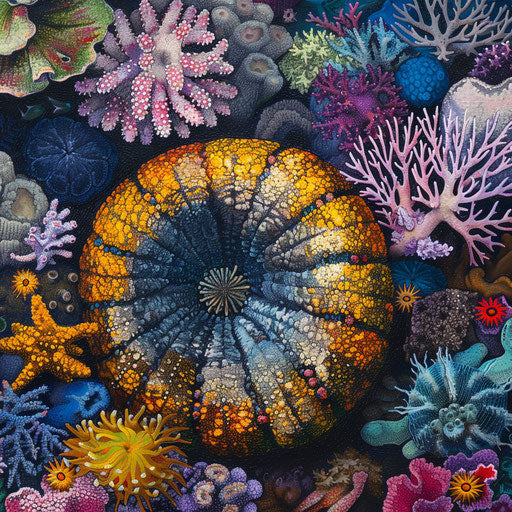 Sea urchin hidden among vibrant coral reefs