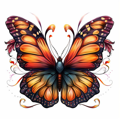 Neo-traditional monarch butterfly tattoo art, rich colors and decorative elements