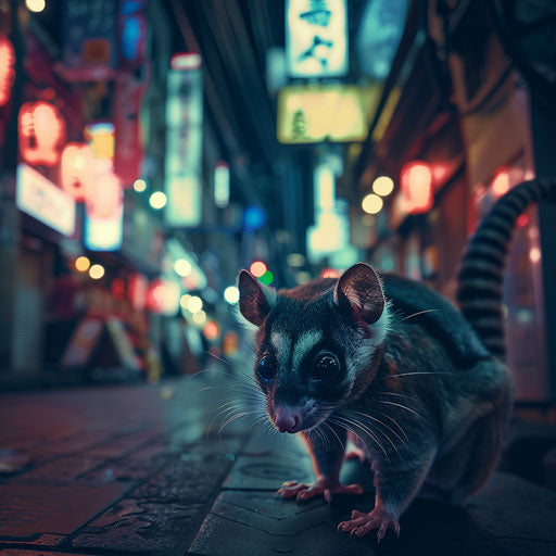 An adventurous sugar glider navigating the bustling streets of Tokyo at night