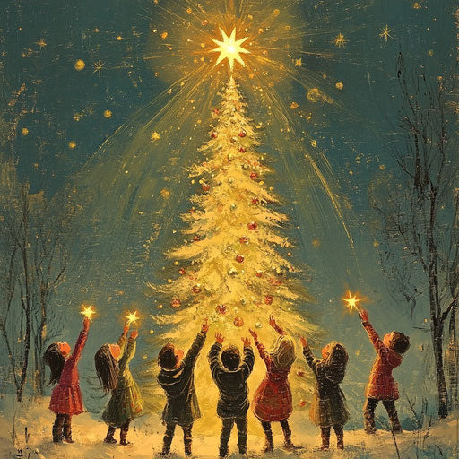 Children decorating outdoor Christmas tree with glowing star