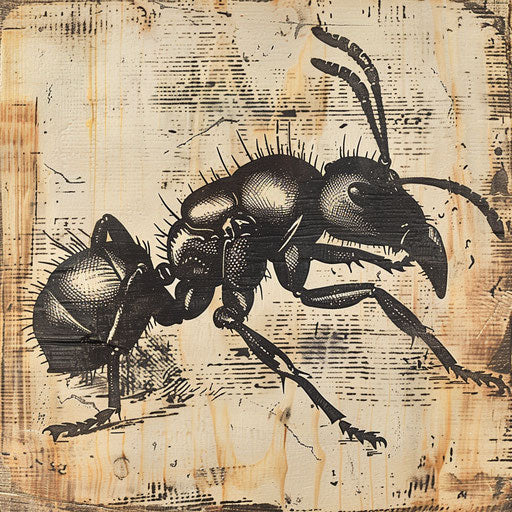 Rustic flat drawing of an ant created with woodcut style texture