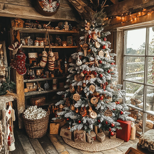Rustic Christmas tree in a cozy cabin