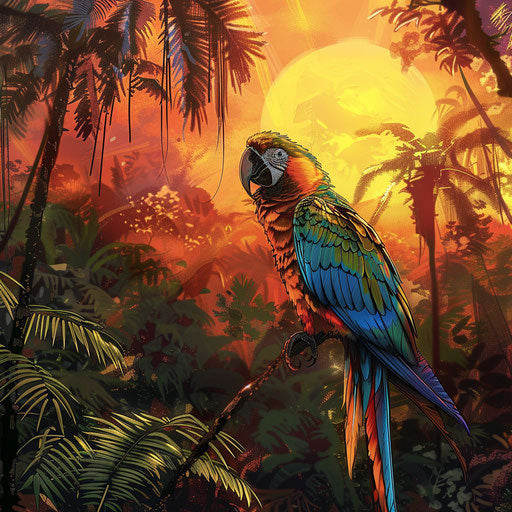 Macaw in a vibrant rainforest at sunset