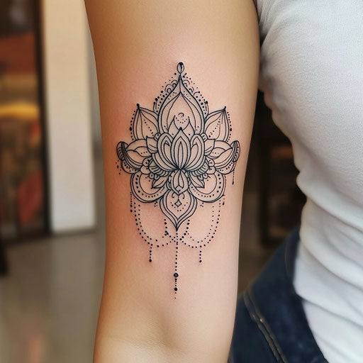 Elbow tattoo with delicate mandala design
