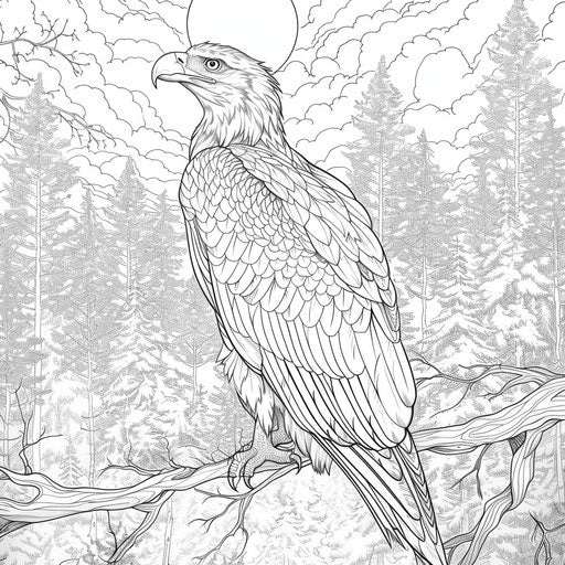 Bald eagle in a fairytale forest, in the style of Jan Brett, Coloring book page