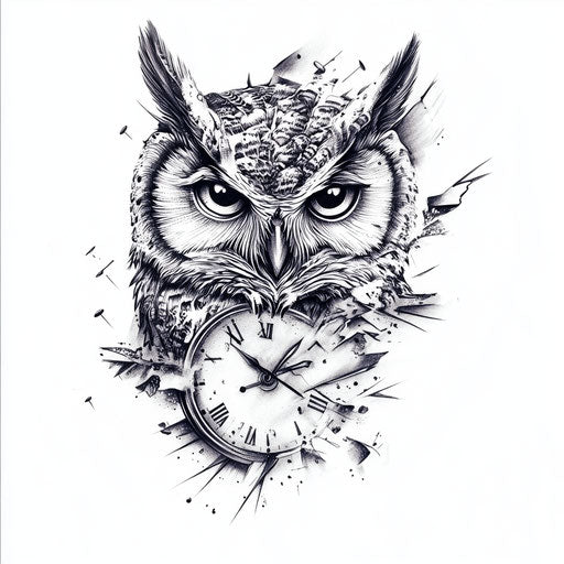 Beautiful owl neck tattoo with melting clock motifs