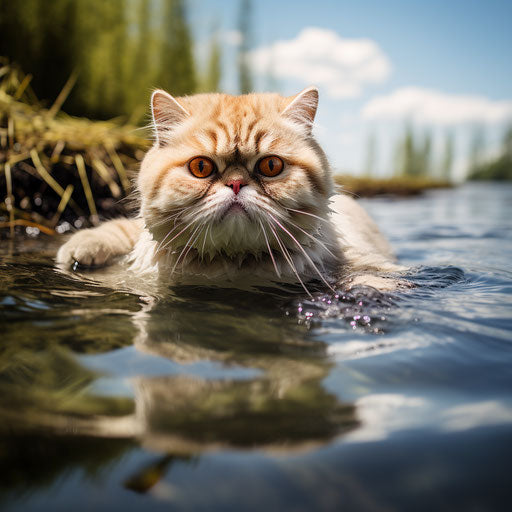 Exotic shorthair cat swimming in a lake by the shore