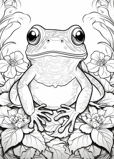 Coloring page featuring frog and flowers ornamental motifs
