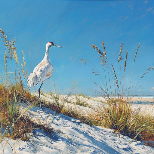 Untamed habitat of whooping crane, sand dunes, clear blue sky