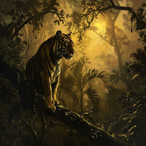 Sumatran tiger perched in the dense canopy