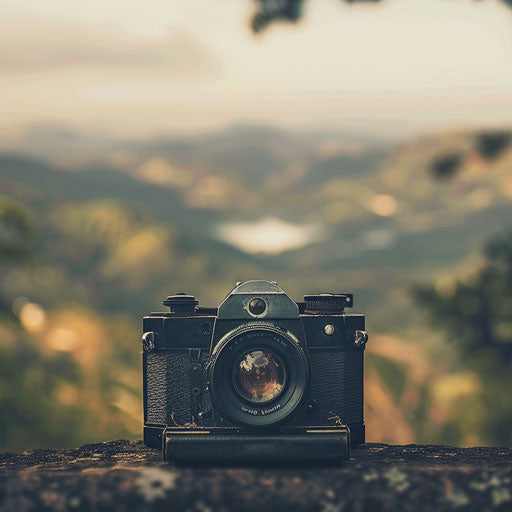 Vintage camera on scenic blurry background