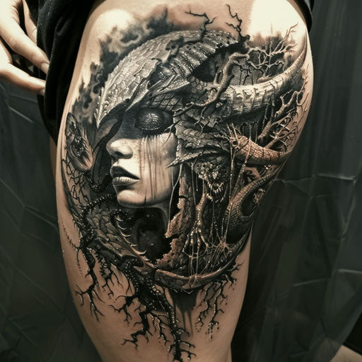 Tattoo symbols with a touch of dark fantasy, in the style of David Palumbo