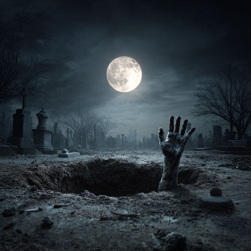 An eerie night scene with a zombie hand in a graveyard