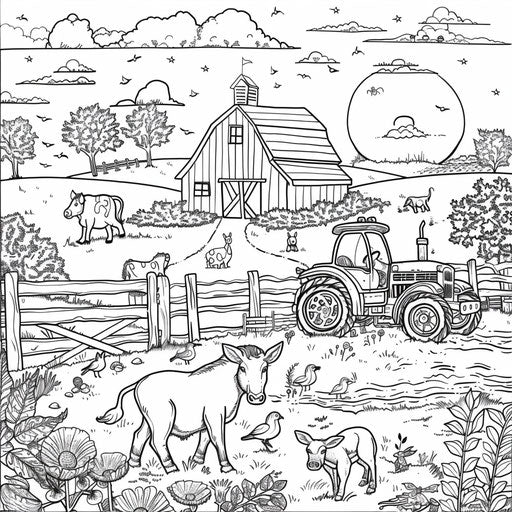 Cheerful rural scene with animals, barn, and tractor