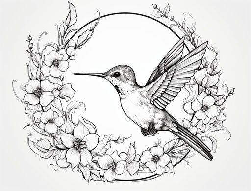 Hummingbird with flowers in circular frame