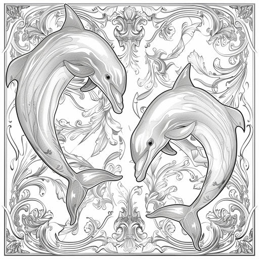 Intricate dolphins with baroque patterns in the style of a Gennady Spirin coloring book page