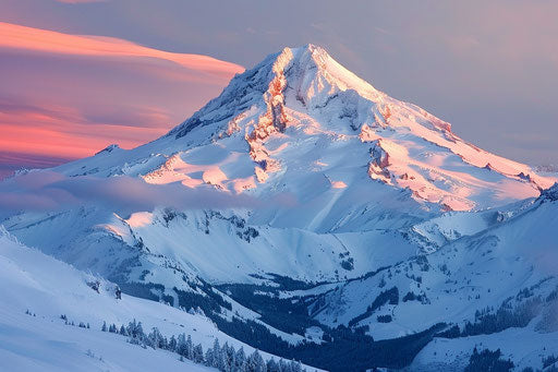 Mount Hood in Oregon with snow, beauty and depth of field, gorgeous sunset