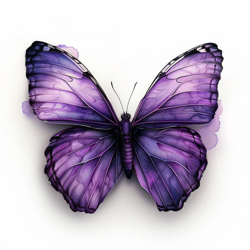 Drawing of a violet butterfly tattoo with realistic wings, on white background