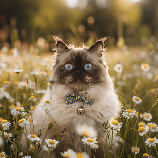 Himalayan cat with cute bow tie in a field of daisies