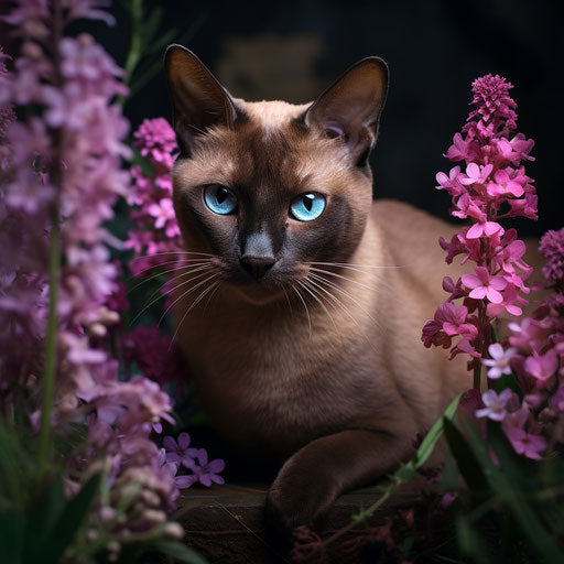 Burmese cat in a flower bed with beautiful flowers