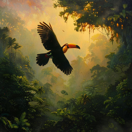 Toucan flying over misty rainforest