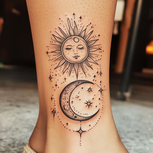 Ankle tattoos for women with celestial sun and moon