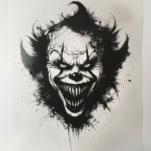 Creepy clown face with sharp teeth, horror tattoo art on white canvas