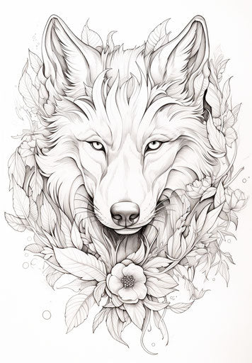 Colorable wolf head, intricate woodcut-inspired style
