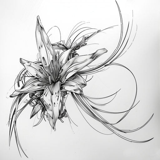 Biomechanical spider lily tattoo combining organic and mechanical