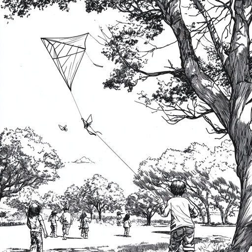 Children flying a kite in park, Mike Zeck style coloring page