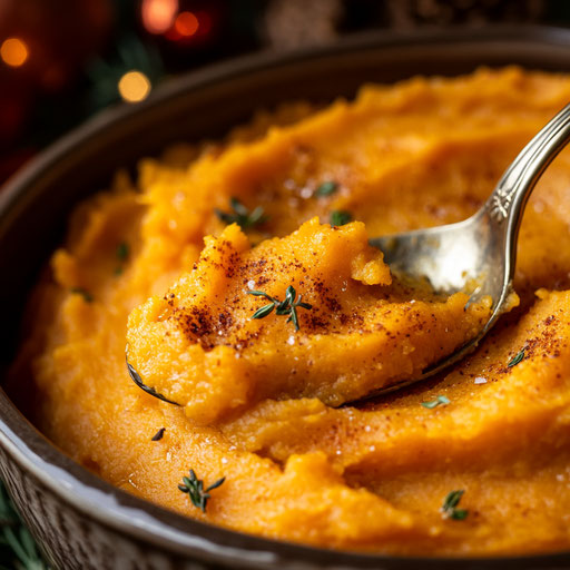 A spoonful of creamy yam mash in a festive setting