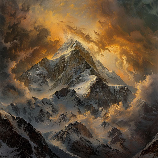 Mount Everest with a turbulent sky, in the style of Andreas Achenbach