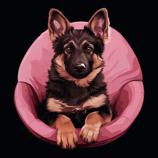 Adorable German Shepherd dog on lap, light pink and dark maroon style