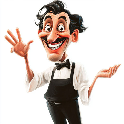 Humorous caricature of a waiter with exaggerated pointed nose