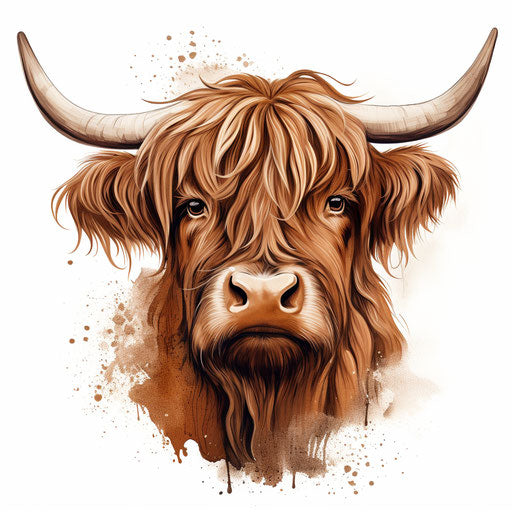 Highland cow in Chiaroscuro Art style, white background