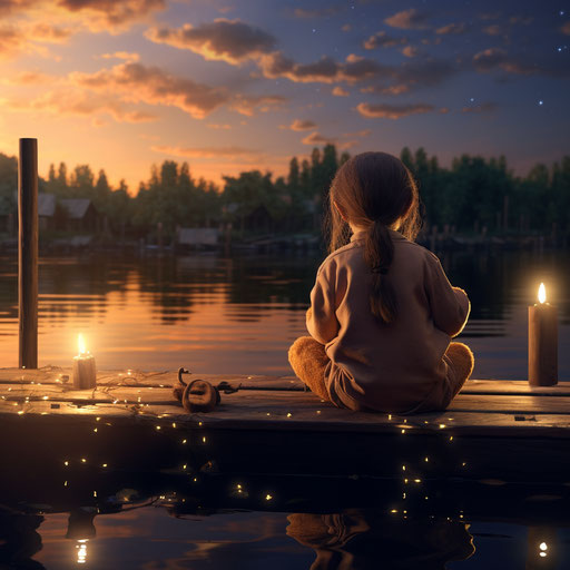 Little girl on a dock with a teddy bear and water view