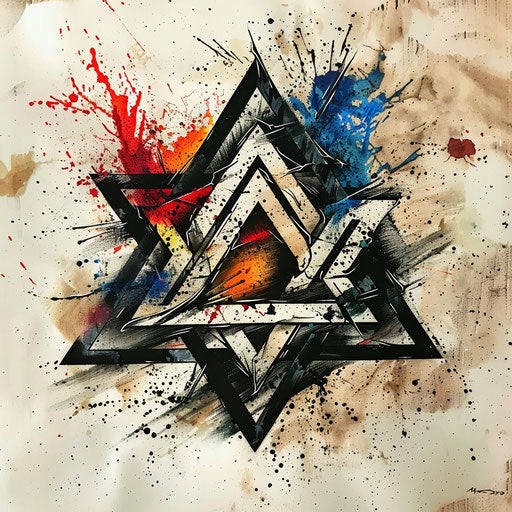 Expressive splatter art tattoo sketch of a Valknut with random splashes of color