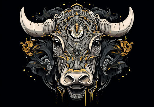 Bull head on black background, Jim Mahfood style, Valentin Serov