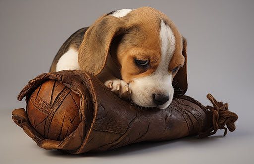 Beagle puppy chewing bone toy, fawncore elegance